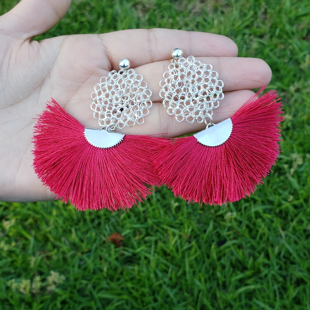 Handmade wire Crochet Red Tassel  Earrings